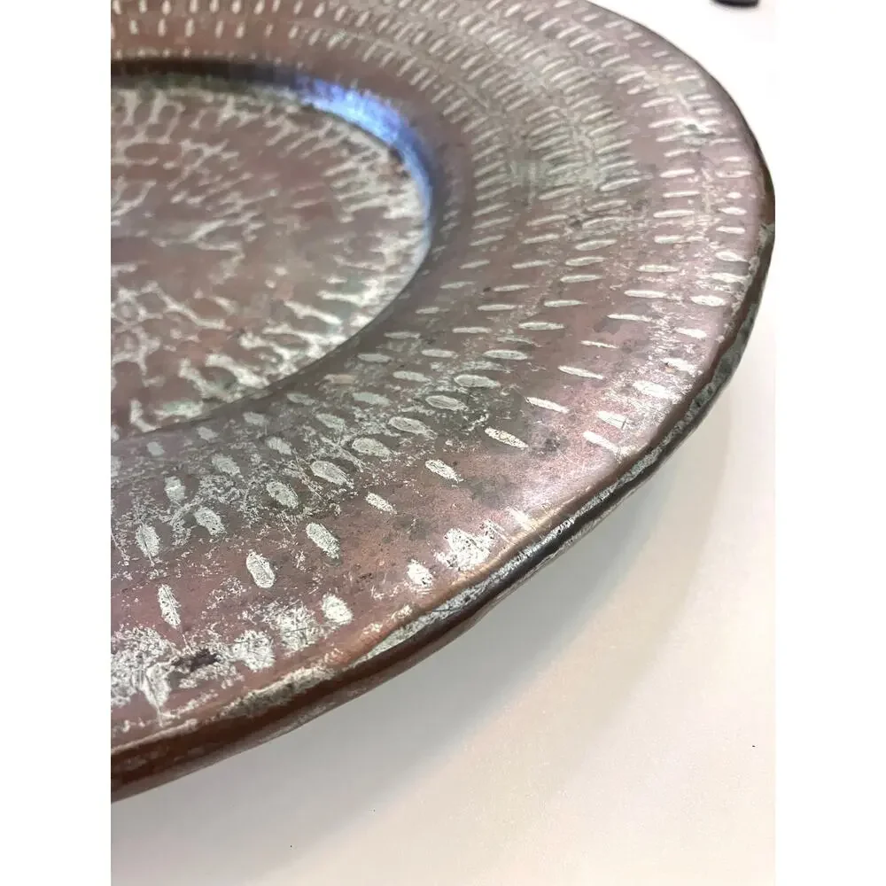 Vintage Hammered Copper Platter Large Turkish Bowl Tinned Rolled Edge 15 In
